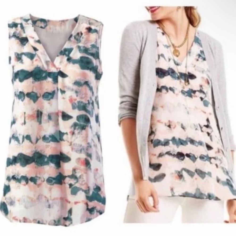 CAbi Gelato Watercolor Print Chiffon Sleeveless Tunic/Blouse in Green/Blue SMALL - Picture 3 of 6